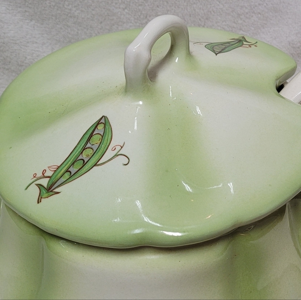 1970s Vintage RU Green White Ceramic Pea in a Pod Large Tureen Plate Spoon Set - Picture 3 of 6